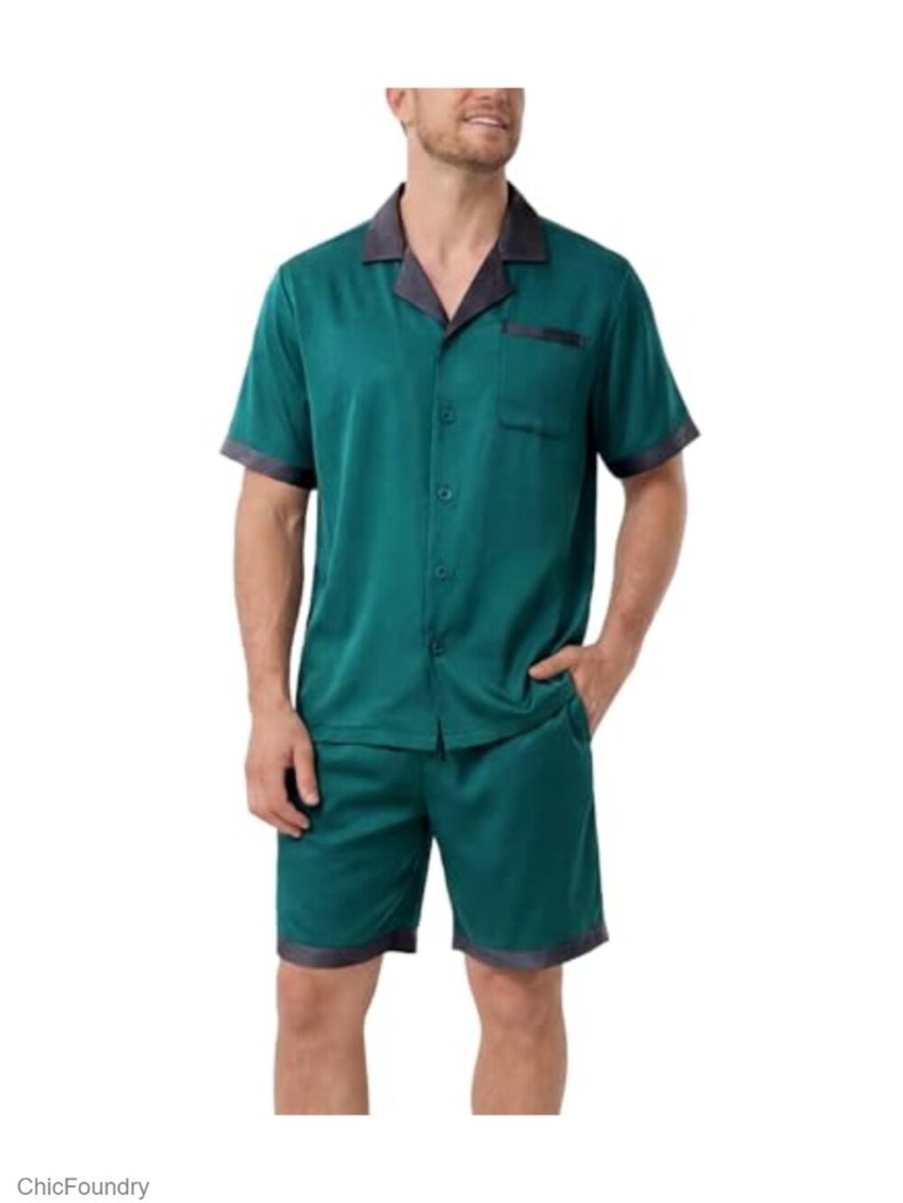 Men's Satin Pajama Set Short Sleeve Button Front Sleep Lounge